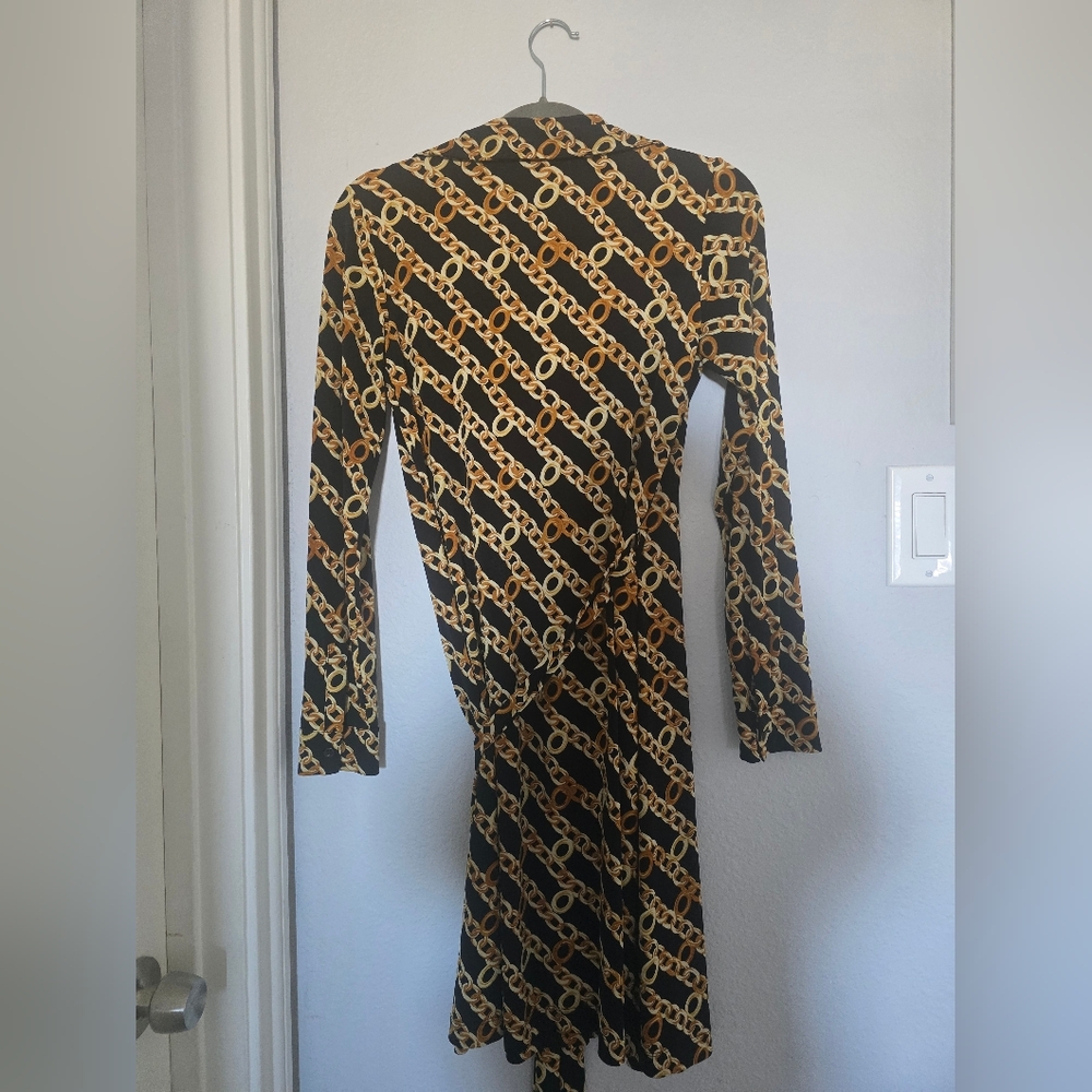 Calvin Klein Chain Faux Wrap Black Gold Chain Pattern Dress Size 4 EUC - Picture 9 of 12